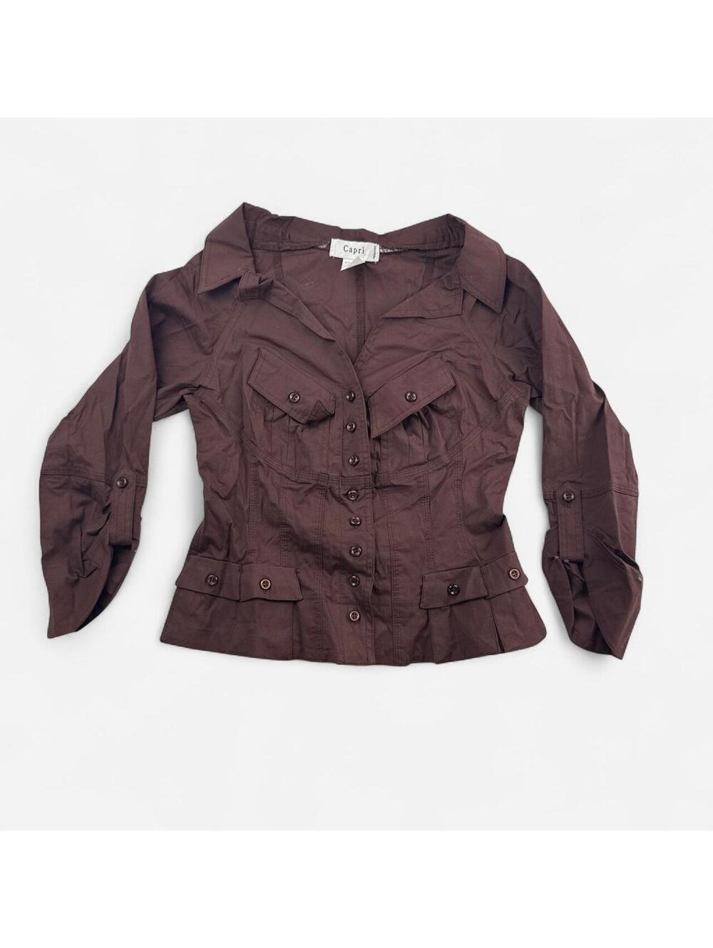 Capri Brown Ruched Snap Button Utility Shirt in Brown